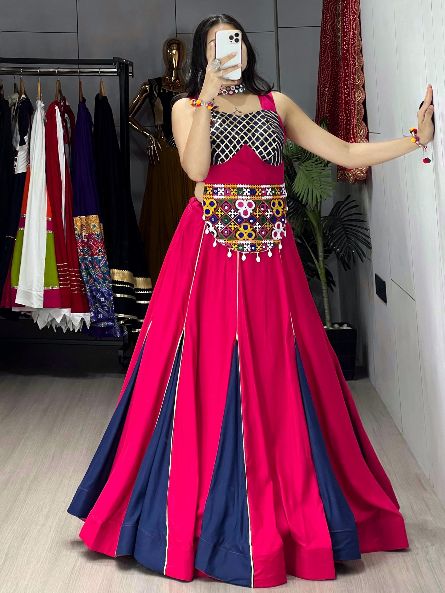 Pink Kutchi Work Rayon Cotton Navratri Crop Top Lehenga