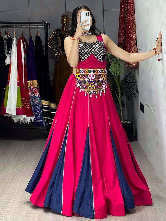 Pink Kutchi Work Rayon Cotton Navratri Crop Top Lehenga