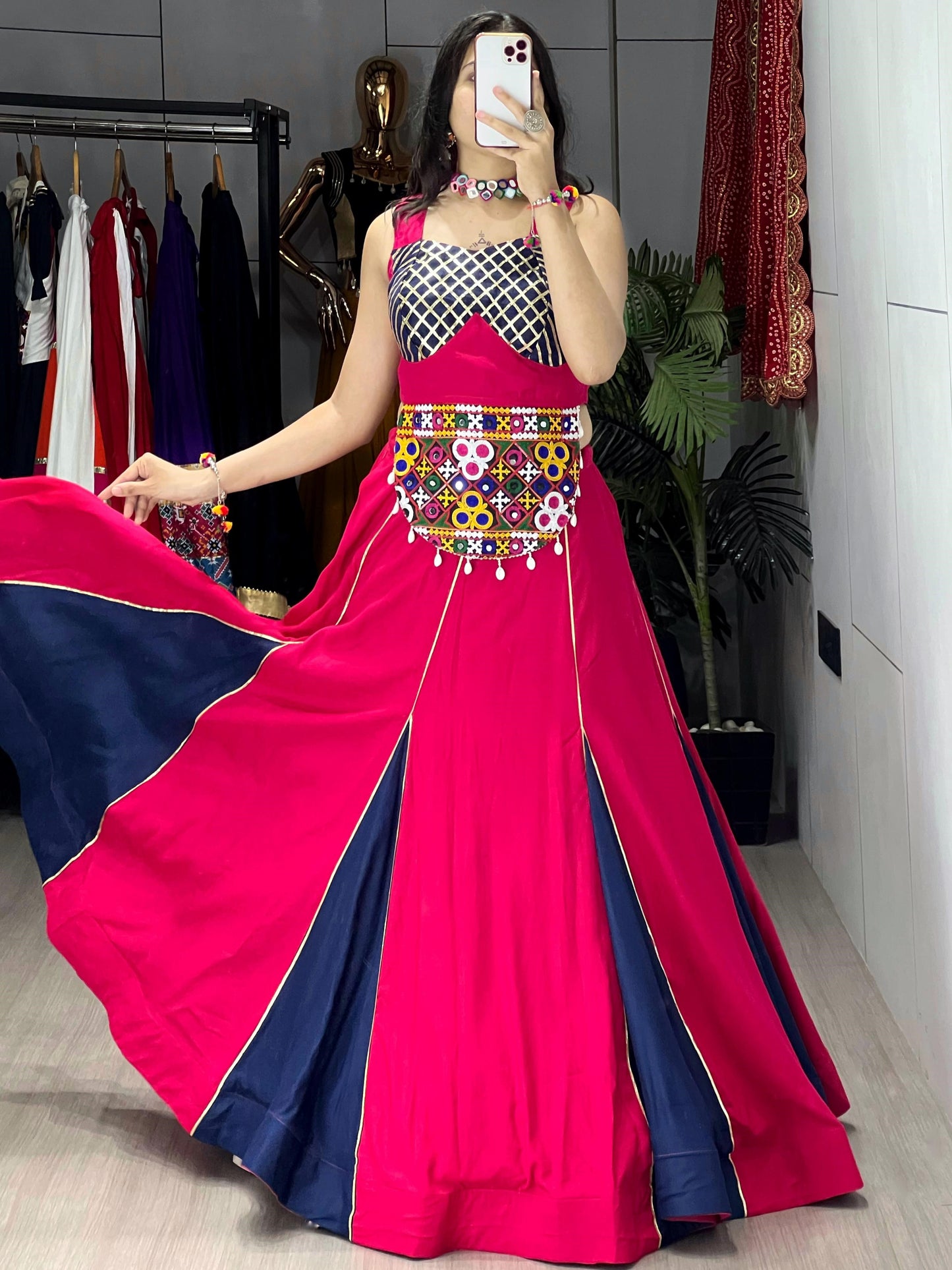 Pink Kutchi Work Rayon Cotton Navratri Crop Top Lehenga