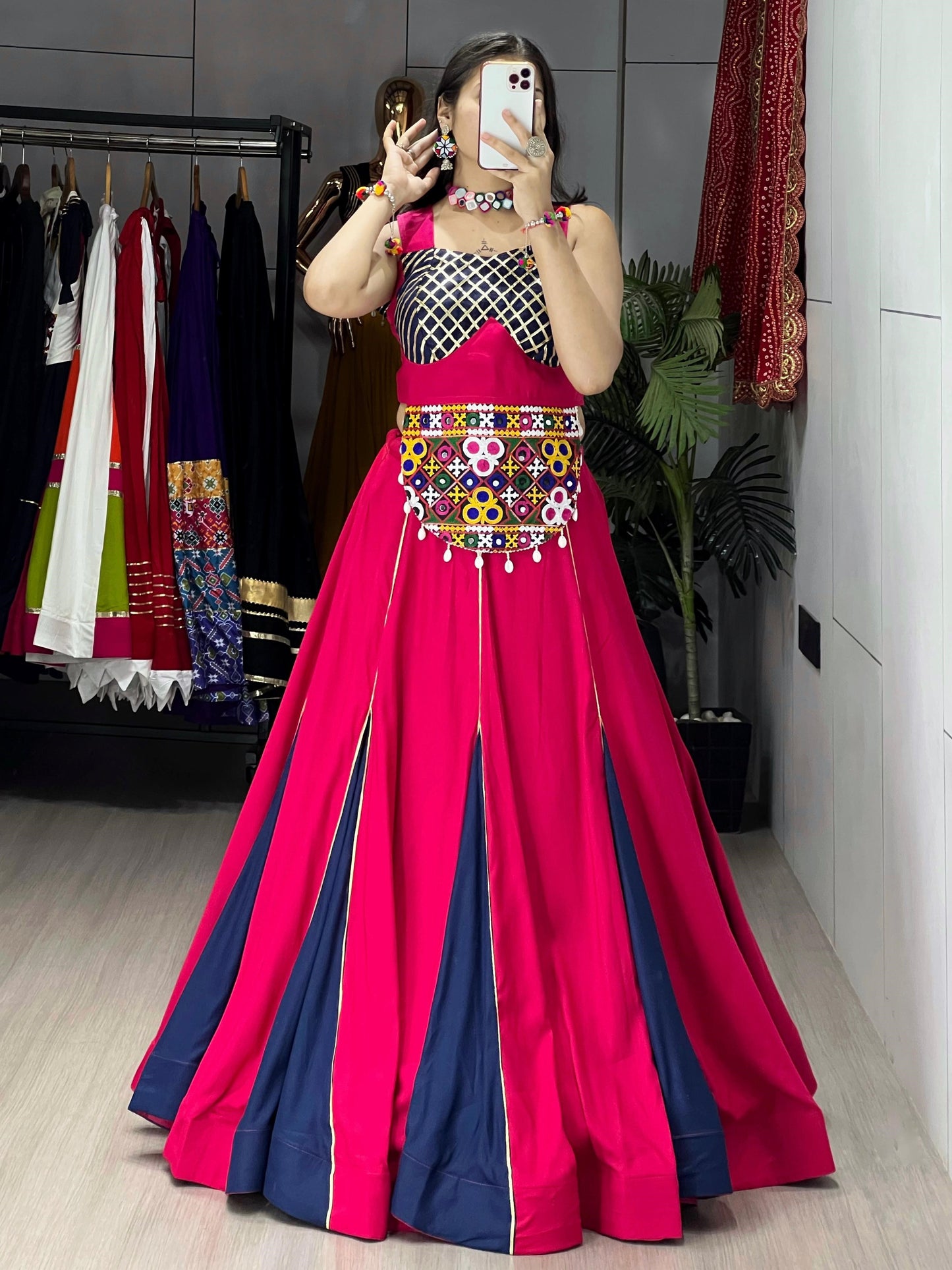 Pink Kutchi Work Rayon Cotton Navratri Crop Top Lehenga