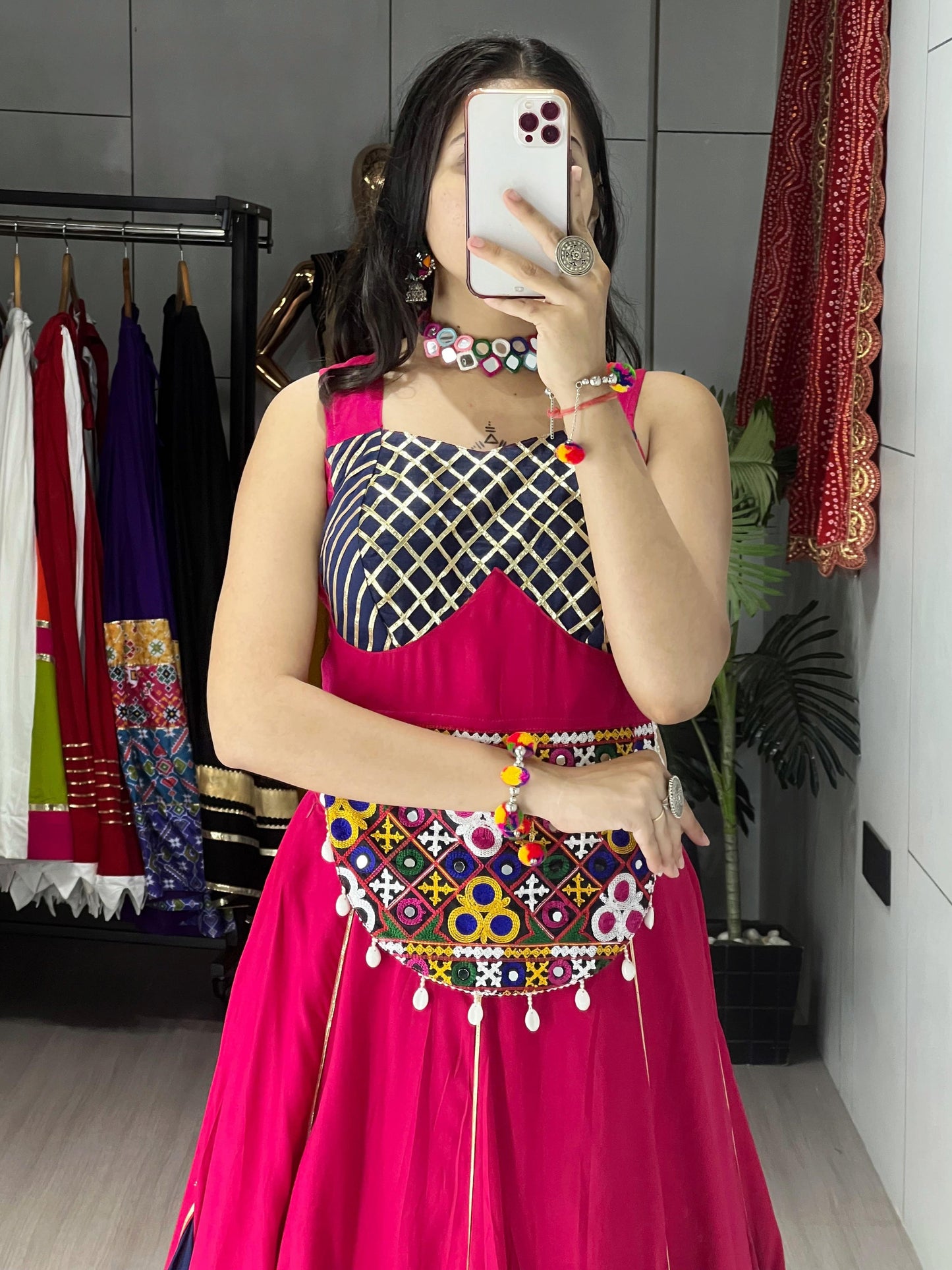 Pink Kutchi Work Rayon Cotton Navratri Crop Top Lehenga