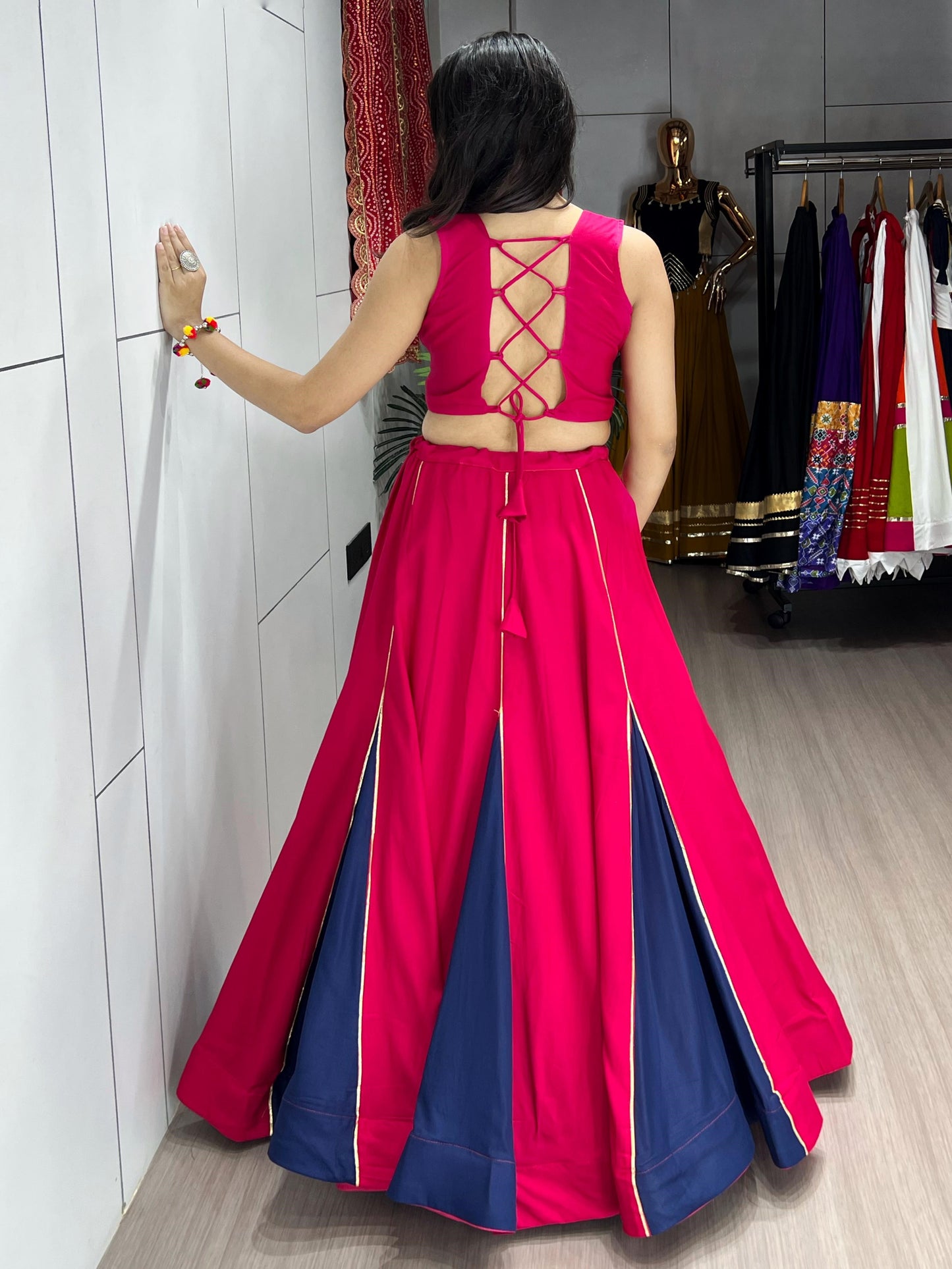 Pink Kutchi Work Rayon Cotton Navratri Crop Top Lehenga