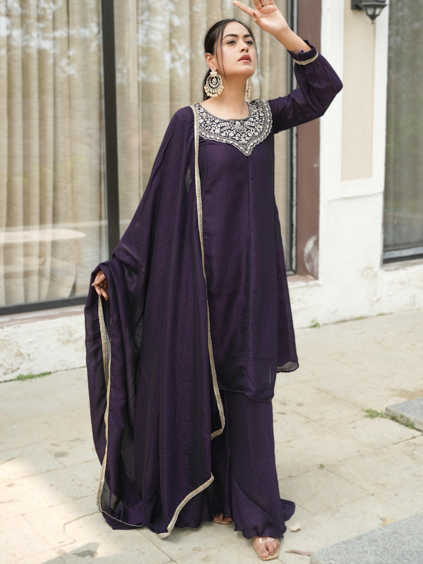 Alluring Purple Embroidered Vichitra Silk Bollywood Palazzo Suit
