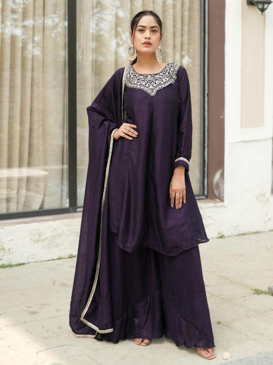 Alluring Purple Embroidered Vichitra Silk Bollywood Palazzo Suit