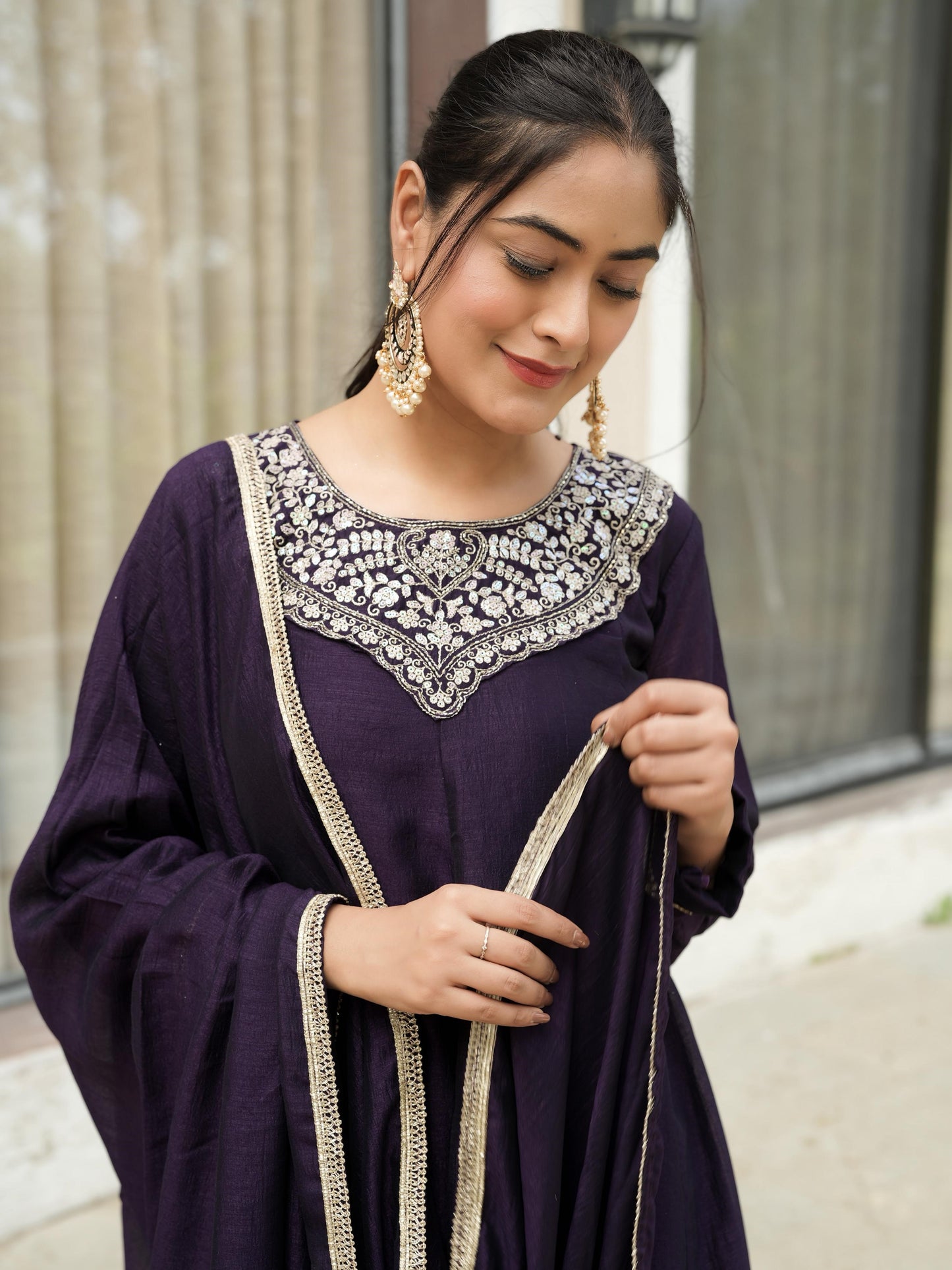 Alluring Purple Embroidered Vichitra Silk Bollywood Palazzo Suit
