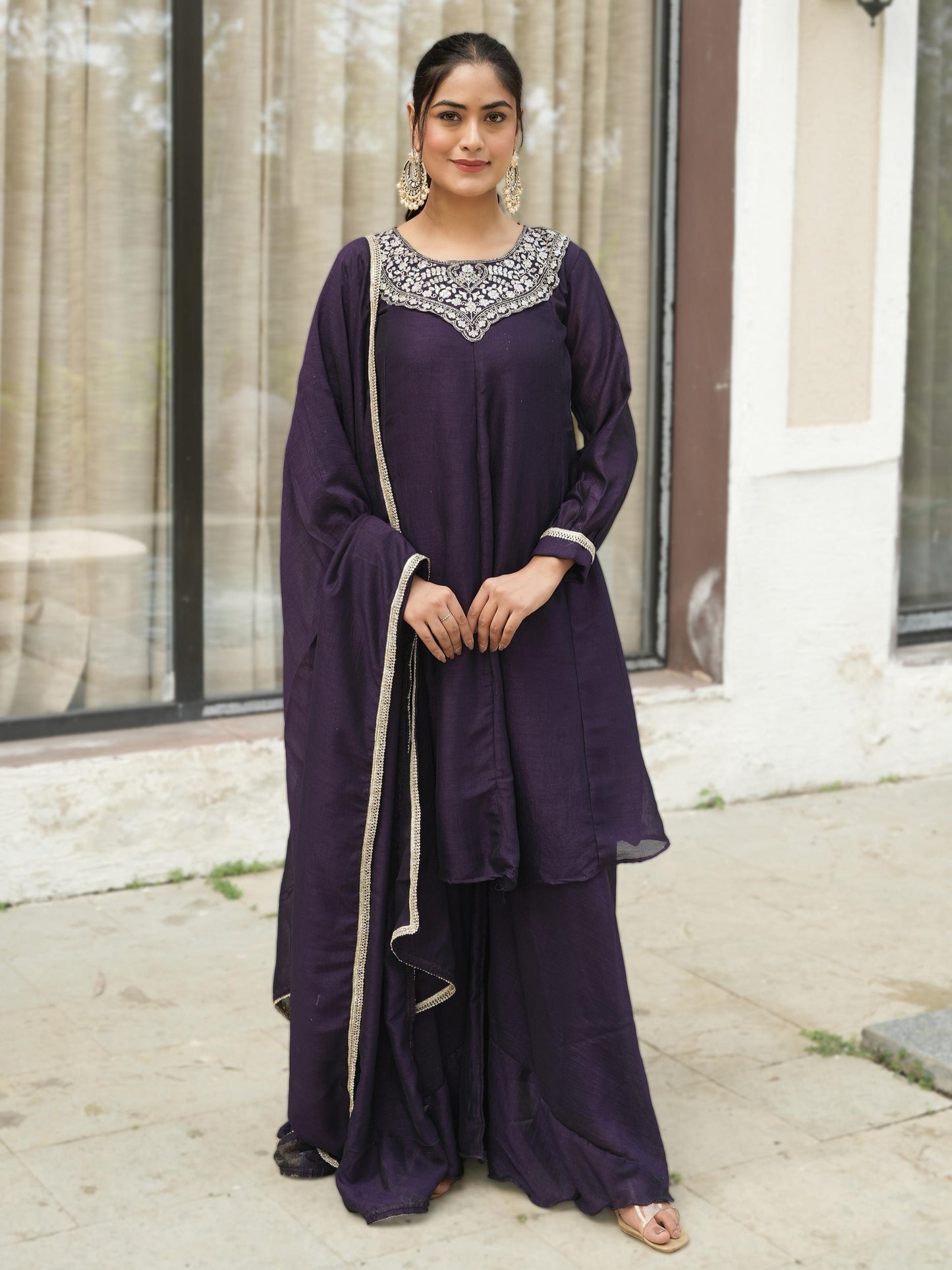 Alluring Purple Embroidered Vichitra Silk Bollywood Palazzo Suit