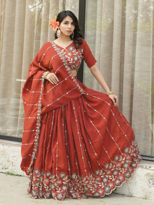 Attractive Orange Embroidered Vichitra Silk Wedding Lehenga Choli