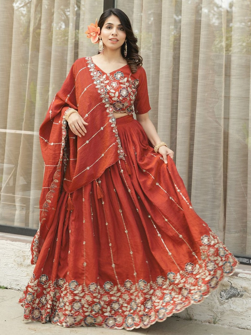Attractive Orange Embroidered Vichitra Silk Wedding Lehenga Choli