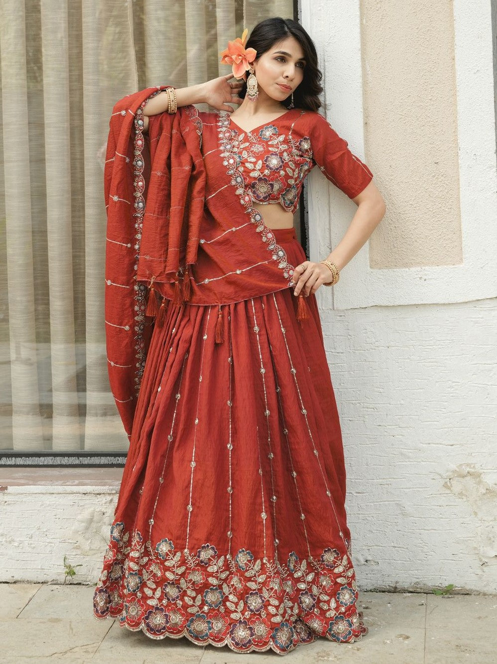 Attractive Orange Embroidered Vichitra Silk Wedding Lehenga Choli