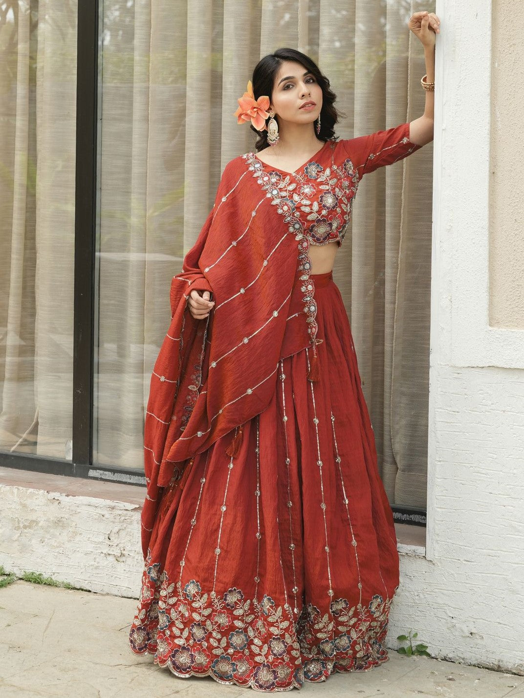 Attractive Orange Embroidered Vichitra Silk Wedding Lehenga Choli