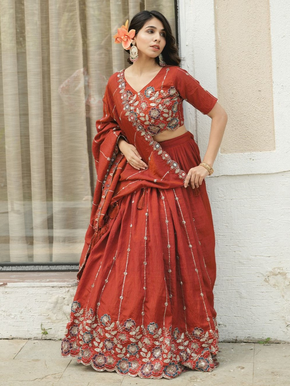Attractive Orange Embroidered Vichitra Silk Wedding Lehenga Choli