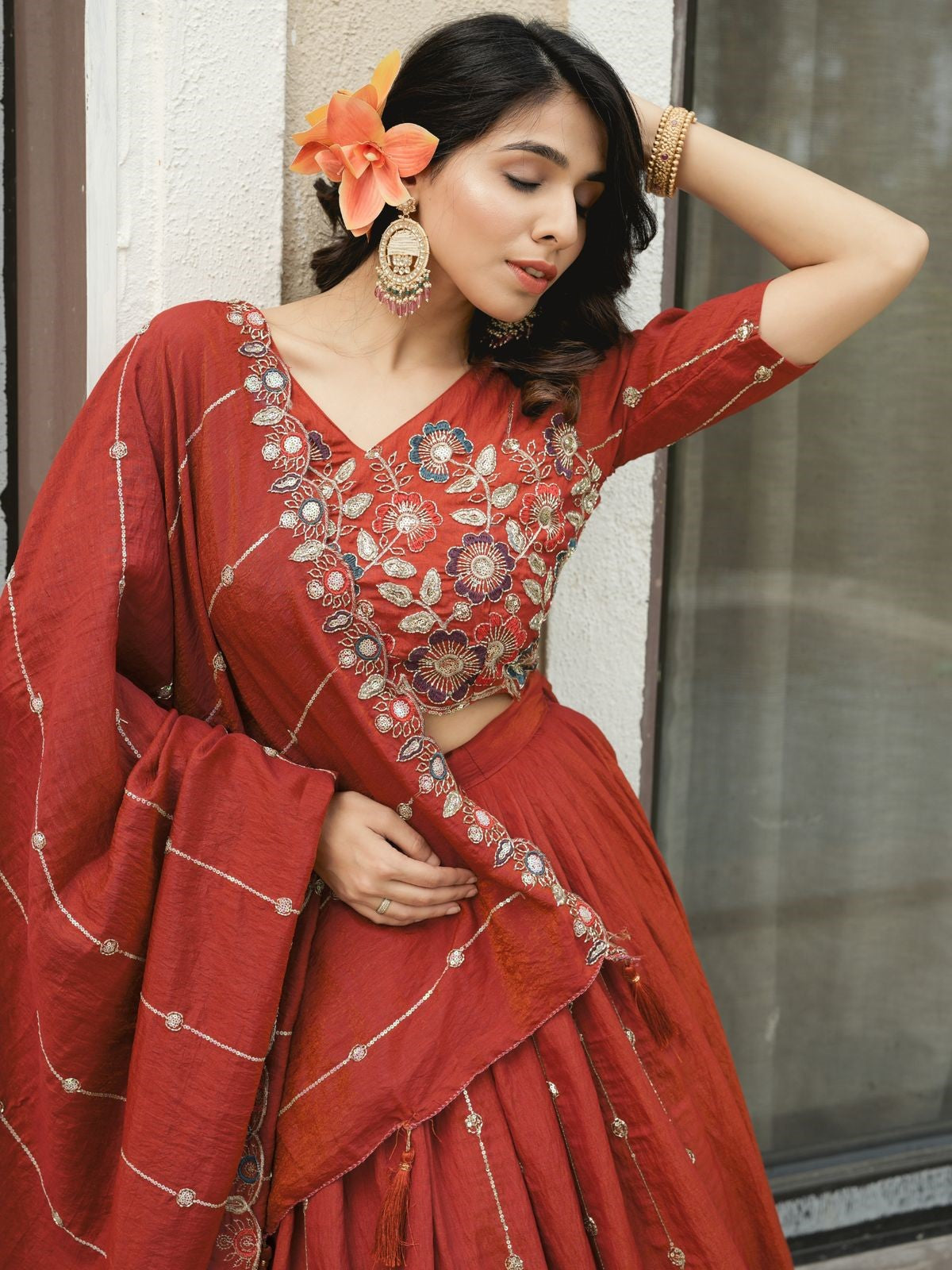 Attractive Orange Embroidered Vichitra Silk Wedding Lehenga Choli