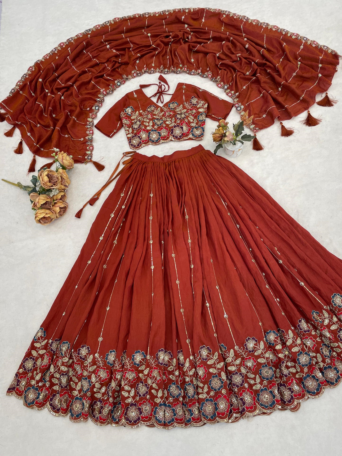 Attractive Orange Embroidered Vichitra Silk Wedding Lehenga Choli
