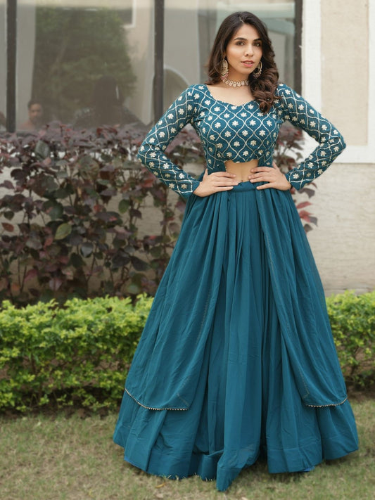 Spectacular Teal Blue Georgette Bridesmaid Co-ord Lehenga Set