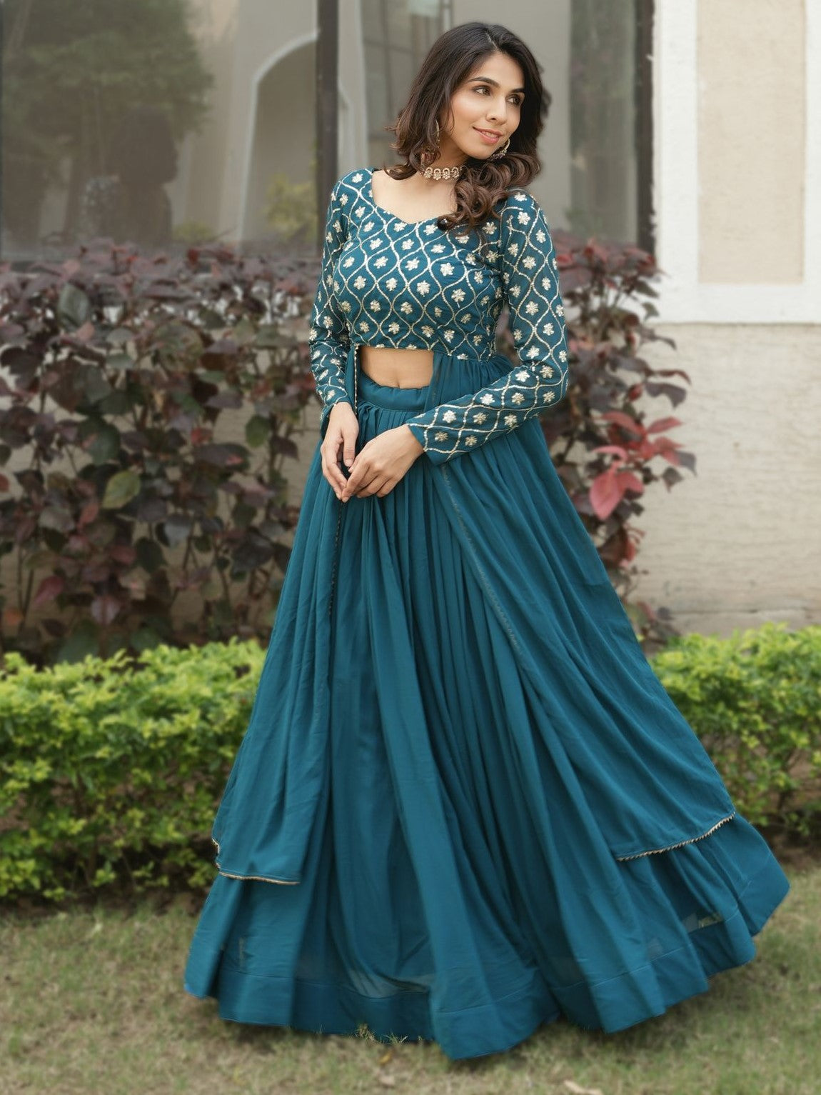 Spectacular Teal Blue Georgette Bridesmaid Co-ord Lehenga Set