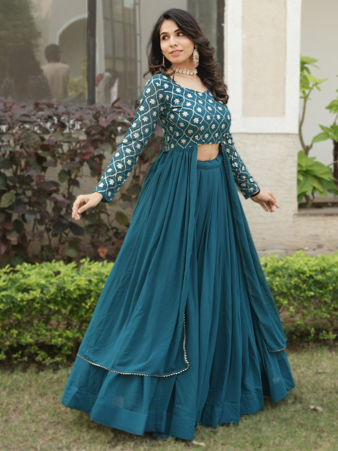 Spectacular Teal Blue Georgette Bridesmaid Co-ord Lehenga Set