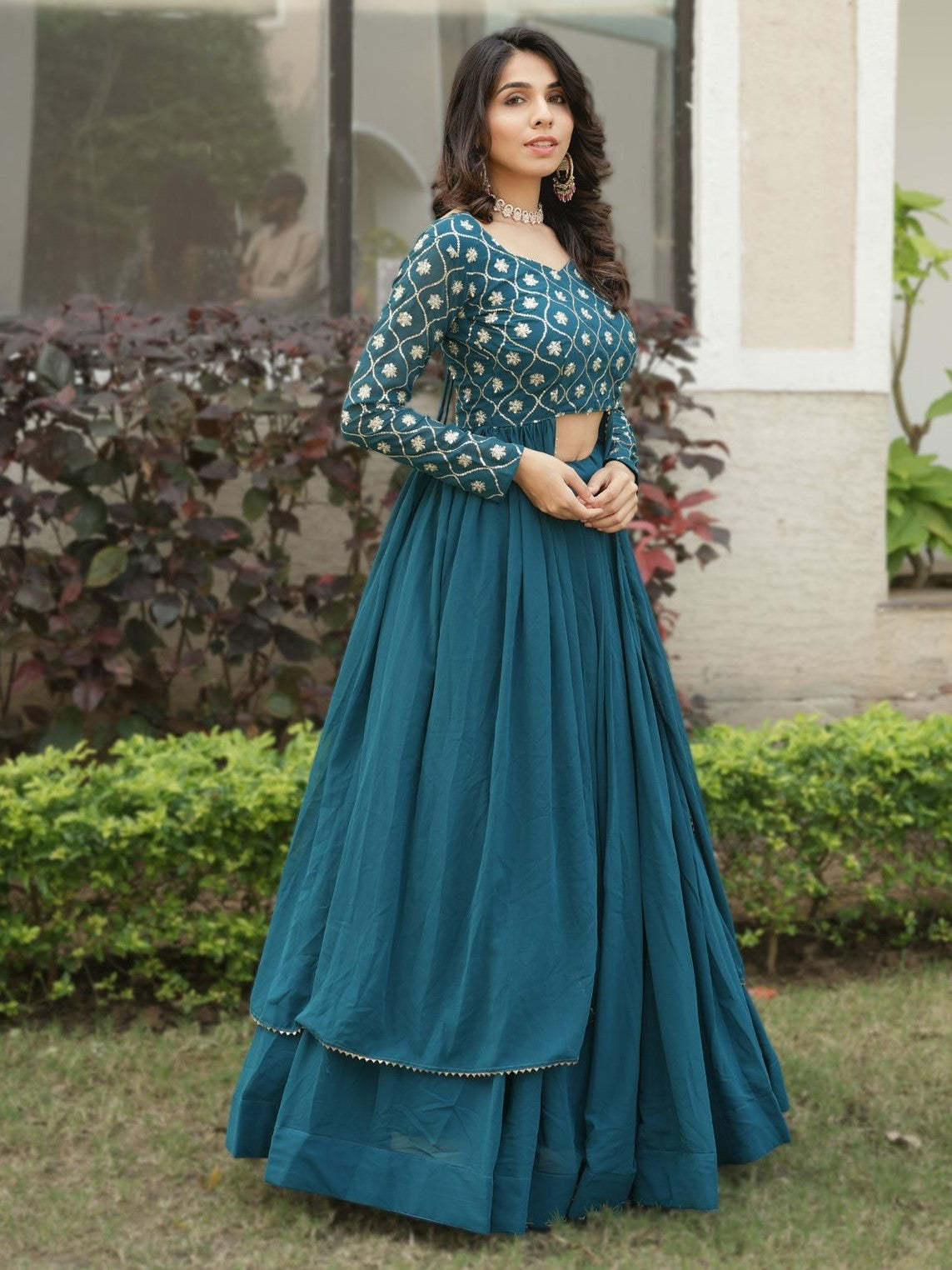 Spectacular Teal Blue Georgette Bridesmaid Co-ord Lehenga Set