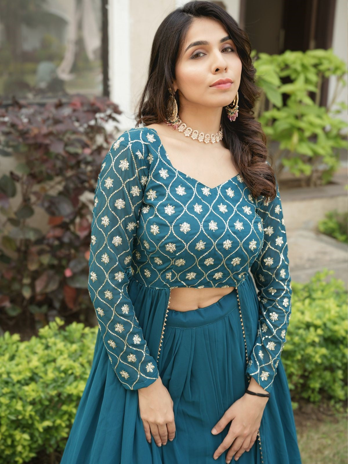 Spectacular Teal Blue Georgette Bridesmaid Co-ord Lehenga Set