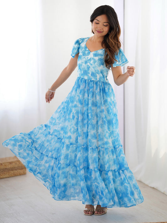 Charming Blue Frilled Georgette Daily Wear Gown
