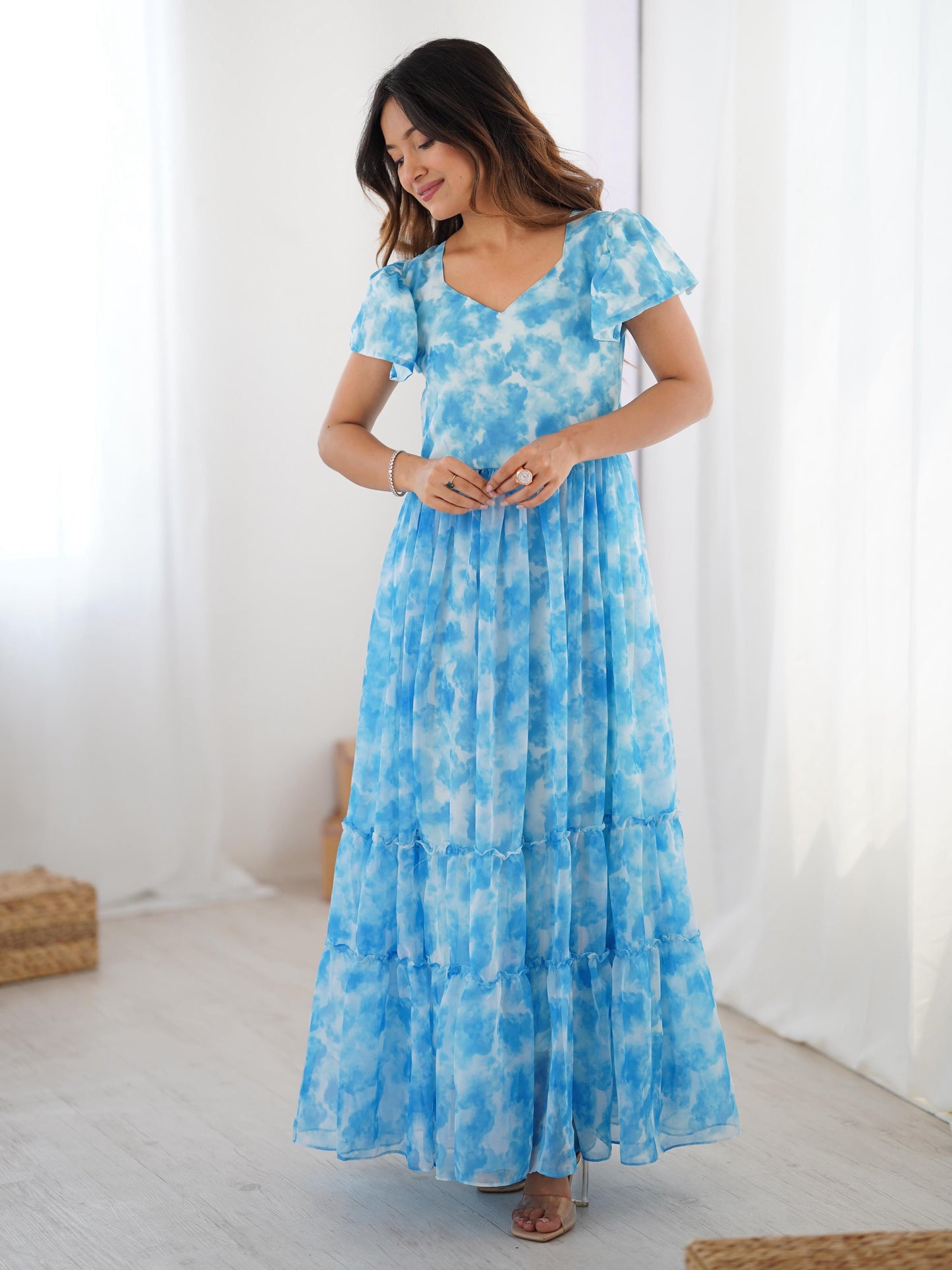 Charming Blue Frilled Georgette Daily Wear Gown