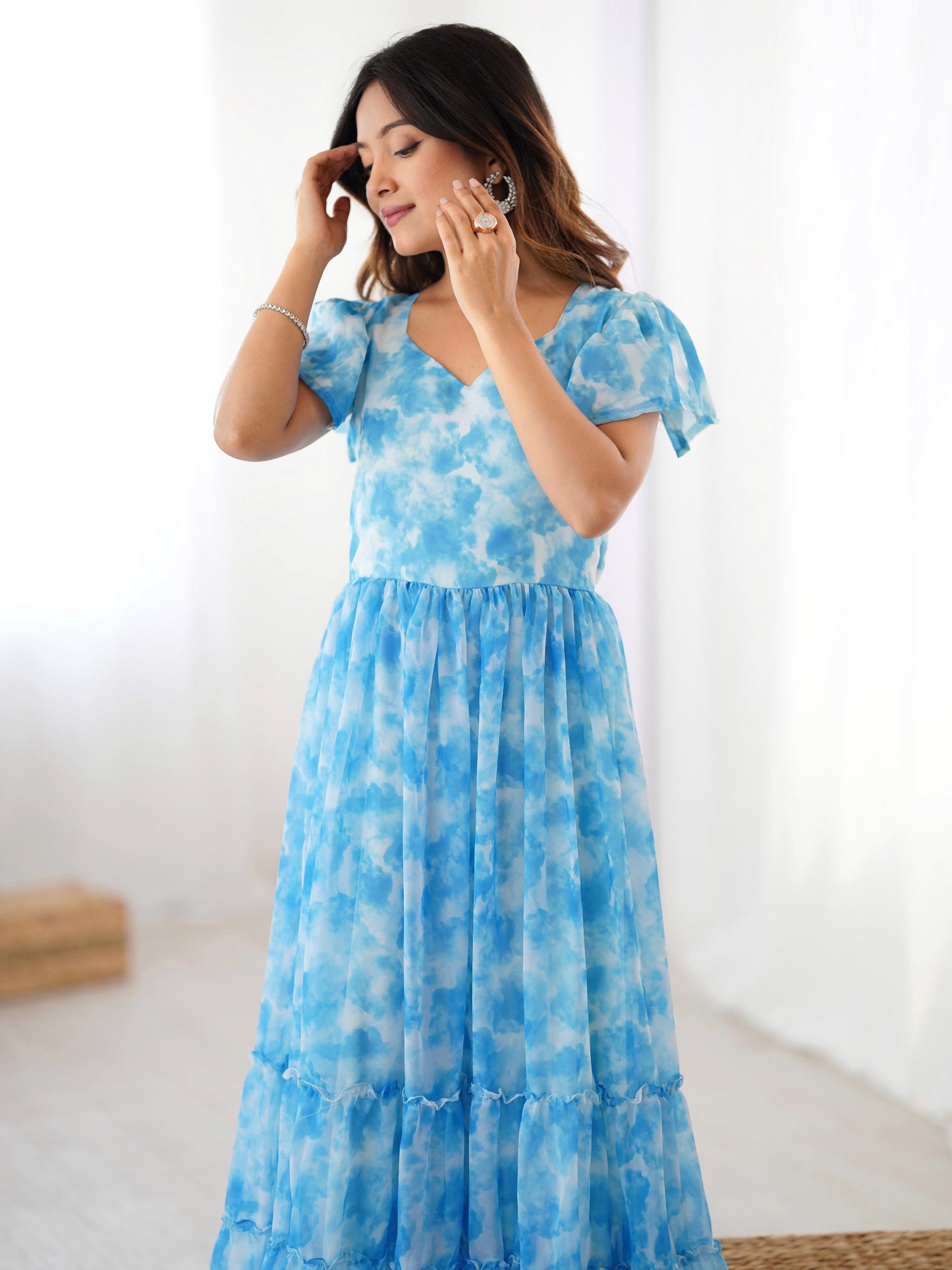 Charming Blue Frilled Georgette Daily Wear Gown