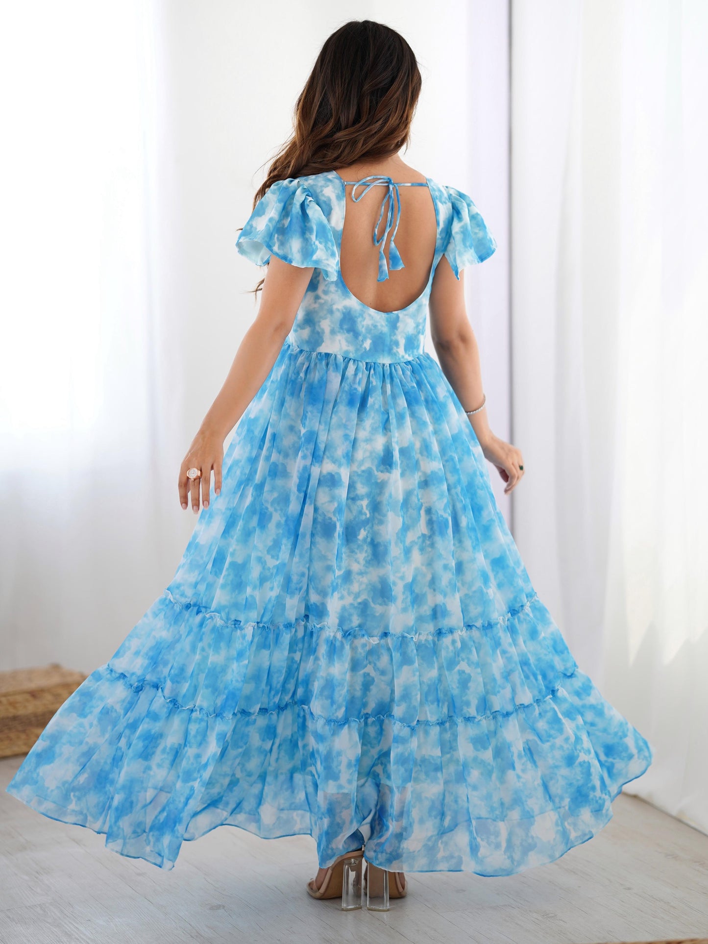 Charming Blue Frilled Georgette Daily Wear Gown