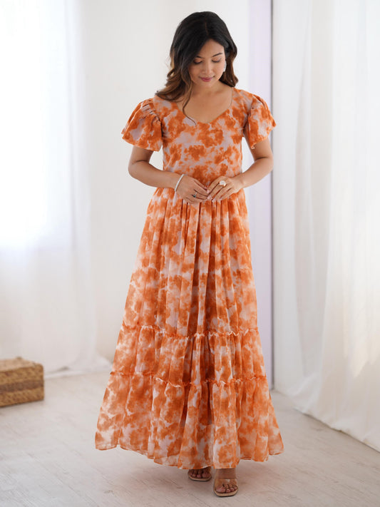 Beautiful Orange Printed Georgette Casual Wear Gown
