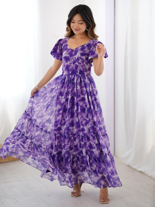 Alluring Purple Frilled Georgette Festival Wear Gown
