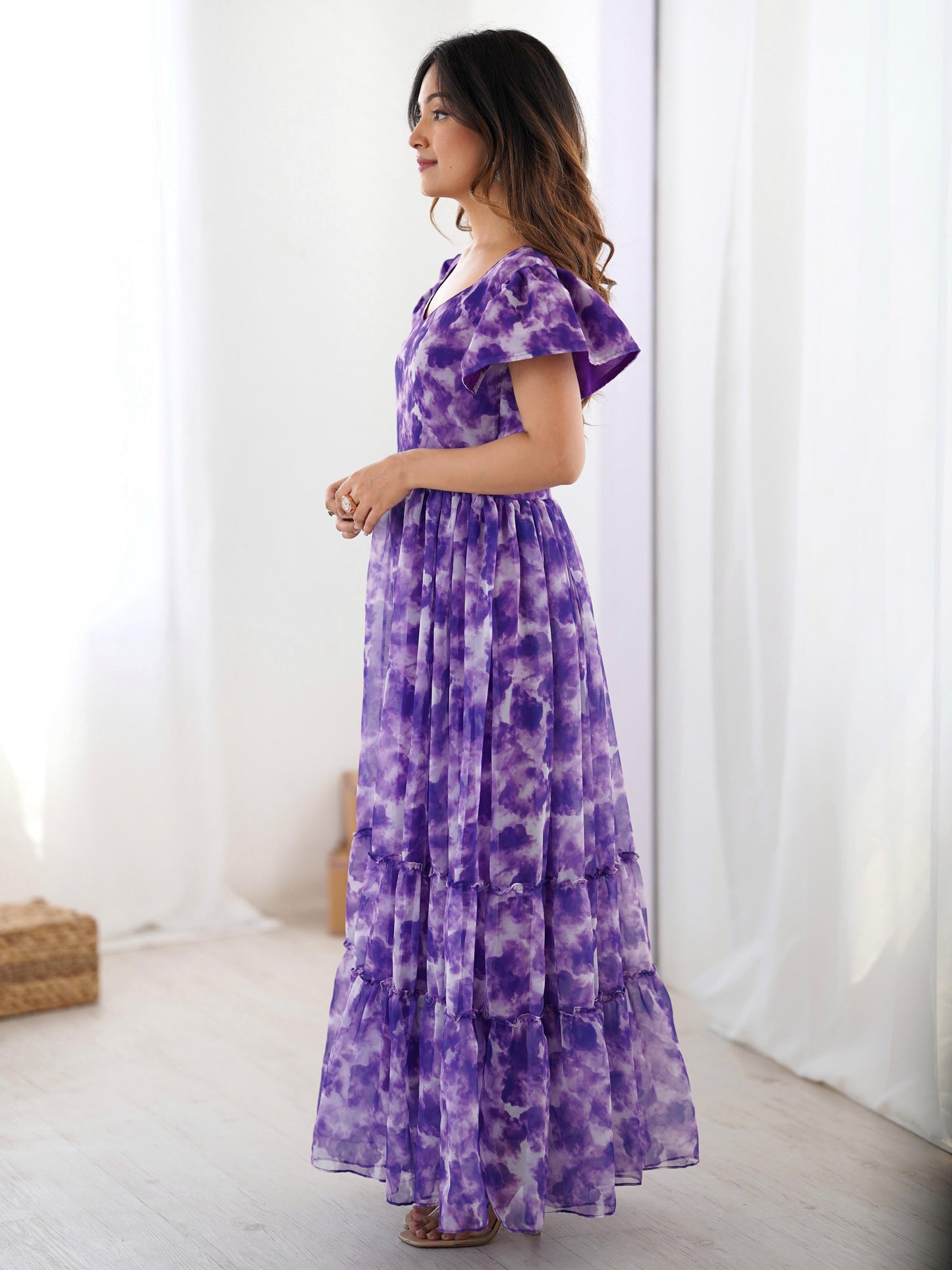 Alluring Purple Frilled Georgette Festival Wear Gown