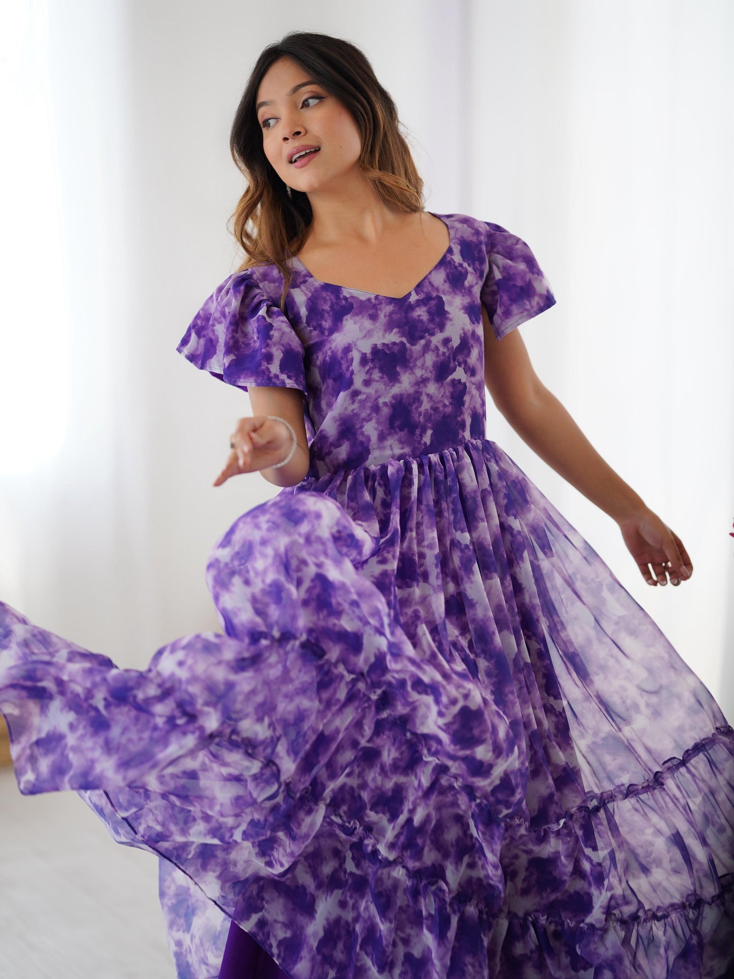 Alluring Purple Frilled Georgette Festival Wear Gown