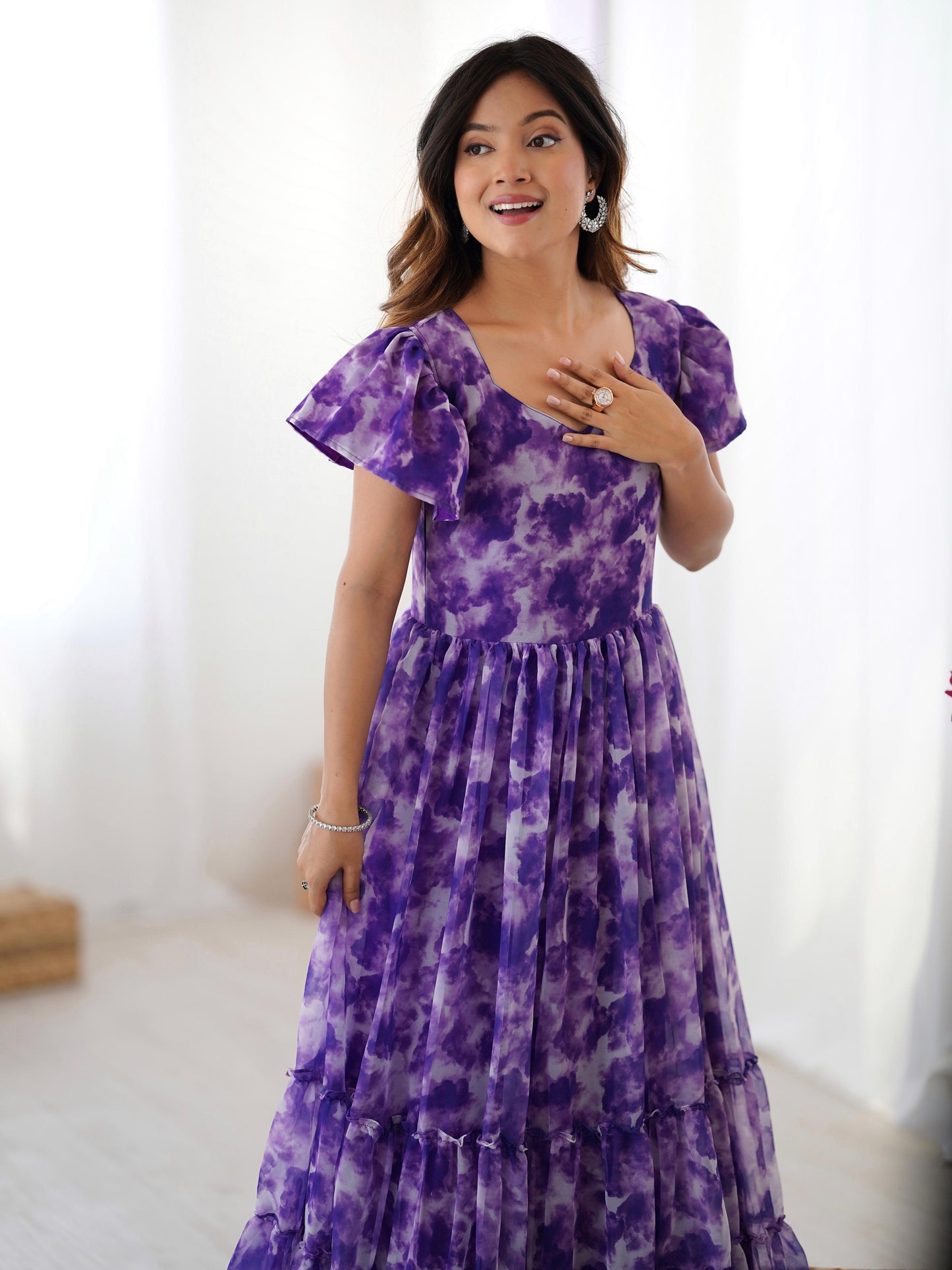 Alluring Purple Frilled Georgette Festival Wear Gown