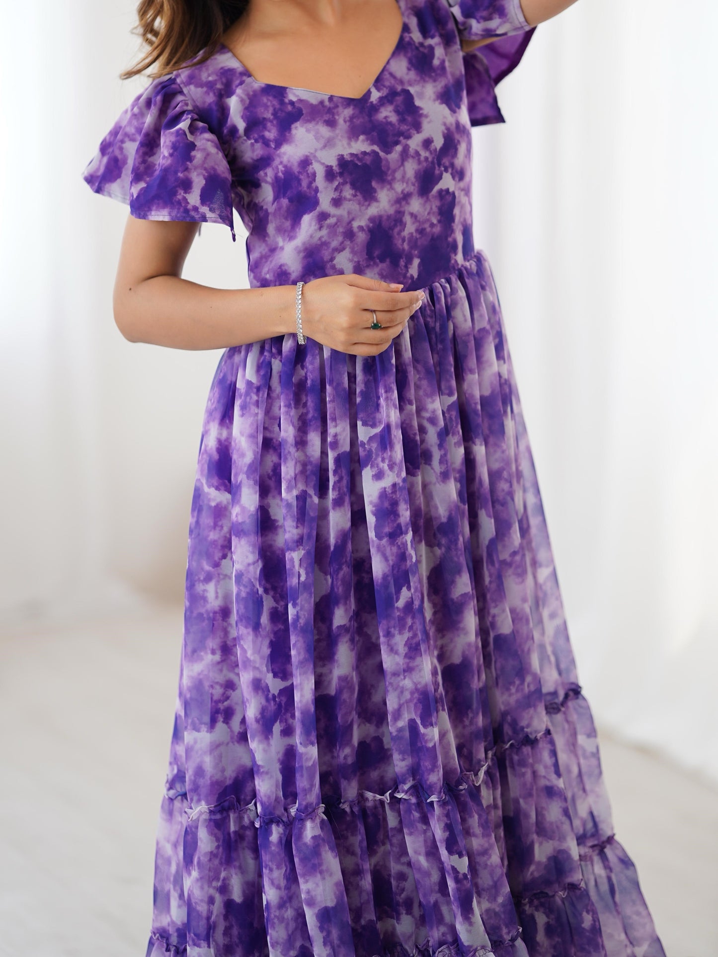 Alluring Purple Frilled Georgette Festival Wear Gown