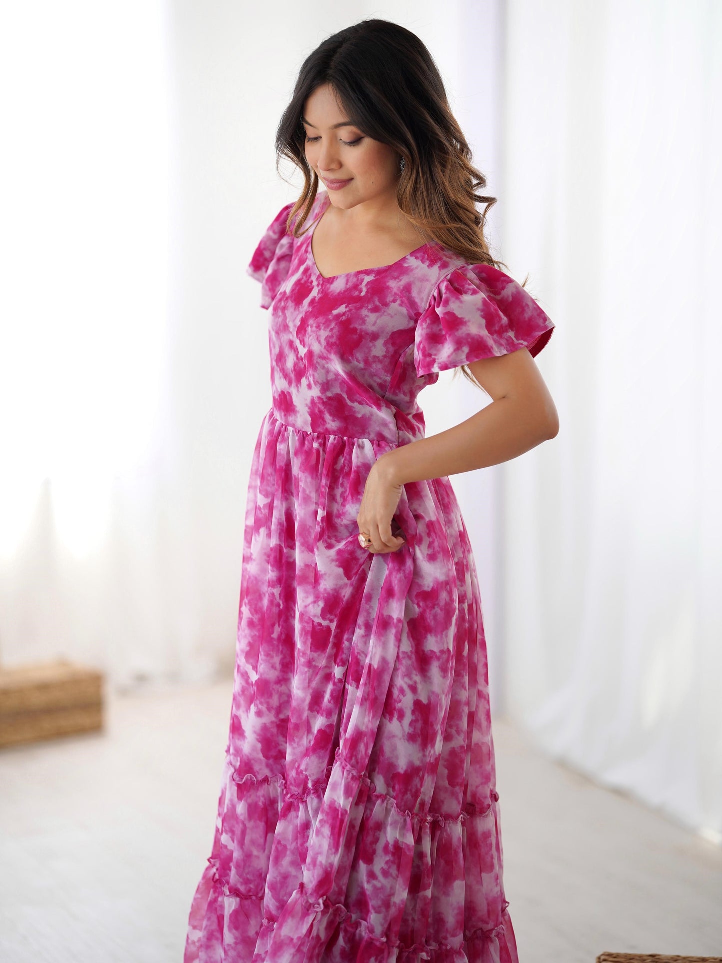 Elegant Pink Frilled Georgette Daily Wear Gown