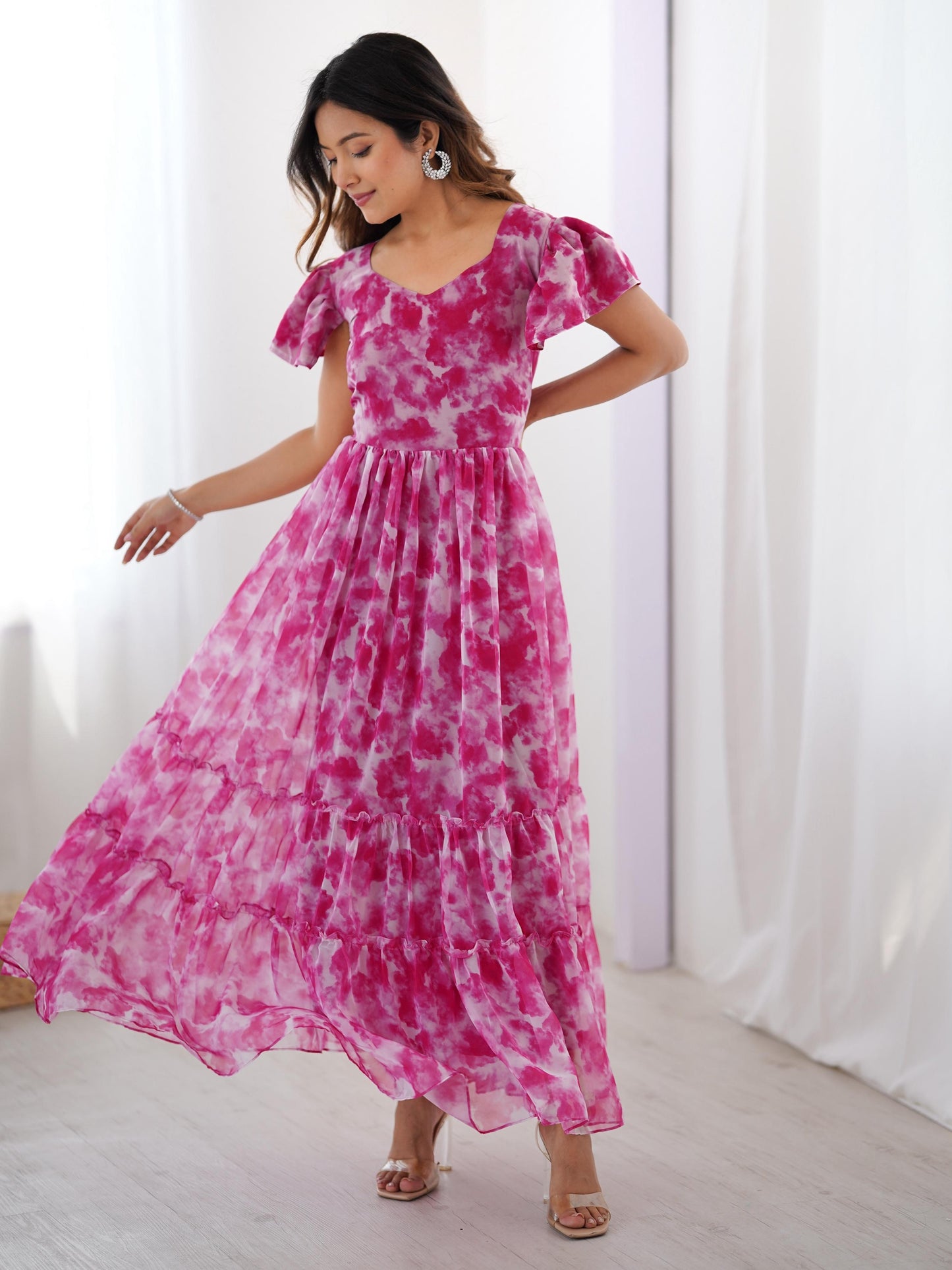Elegant Pink Frilled Georgette Daily Wear Gown