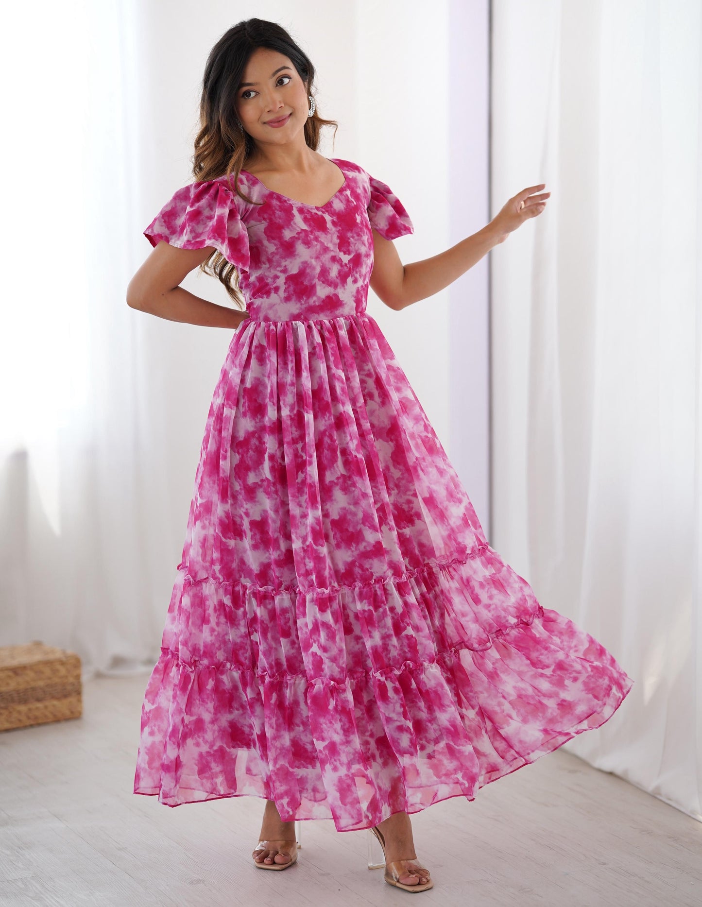 Elegant Pink Frilled Georgette Daily Wear Gown