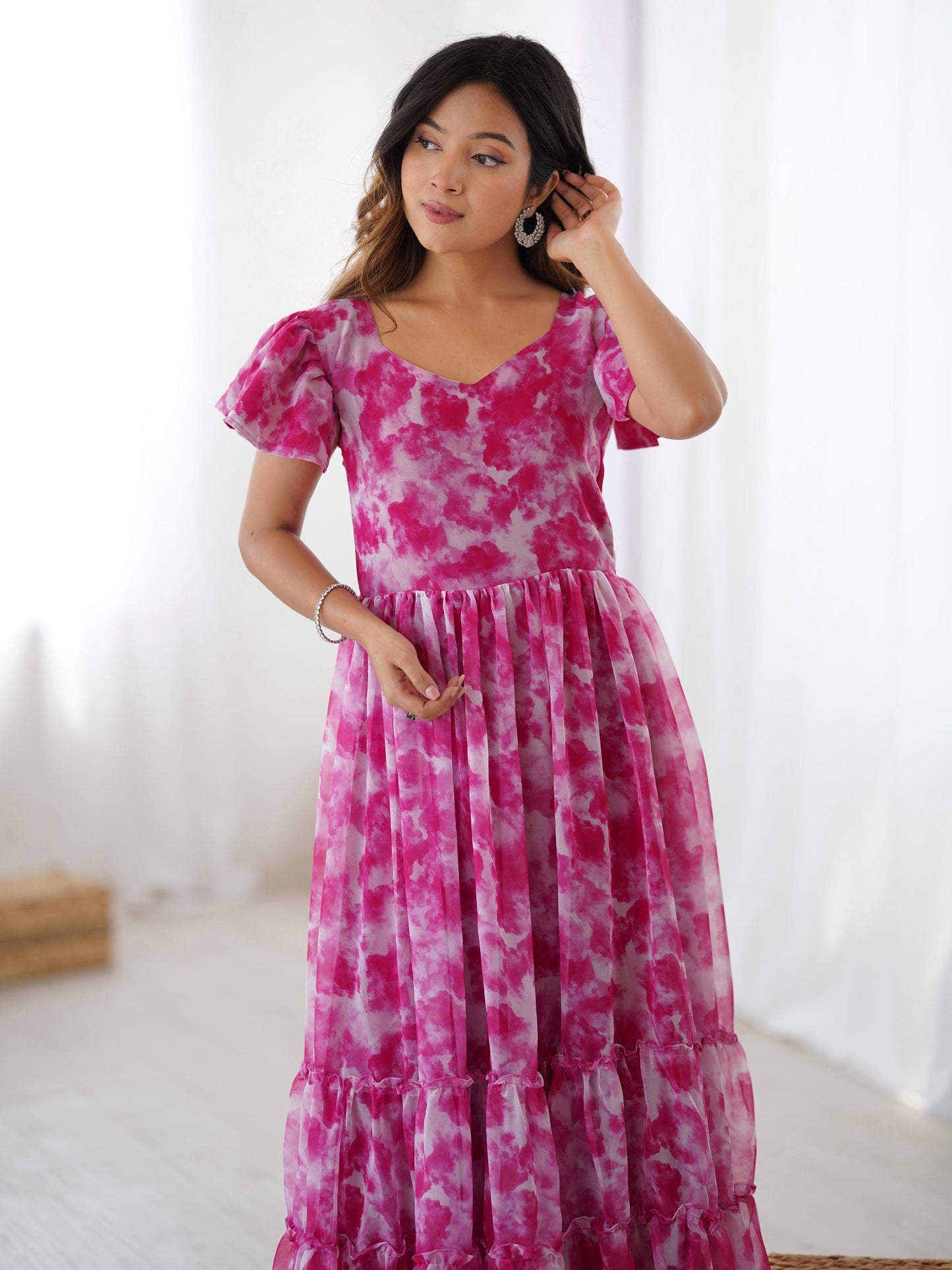 Elegant Pink Frilled Georgette Daily Wear Gown