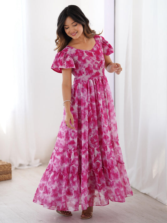 Elegant Pink Frilled Georgette Daily Wear Gown