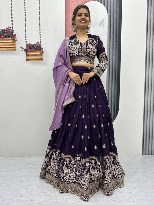 Attractive Purple Zari Work Silk Wedding Lehenga Choli