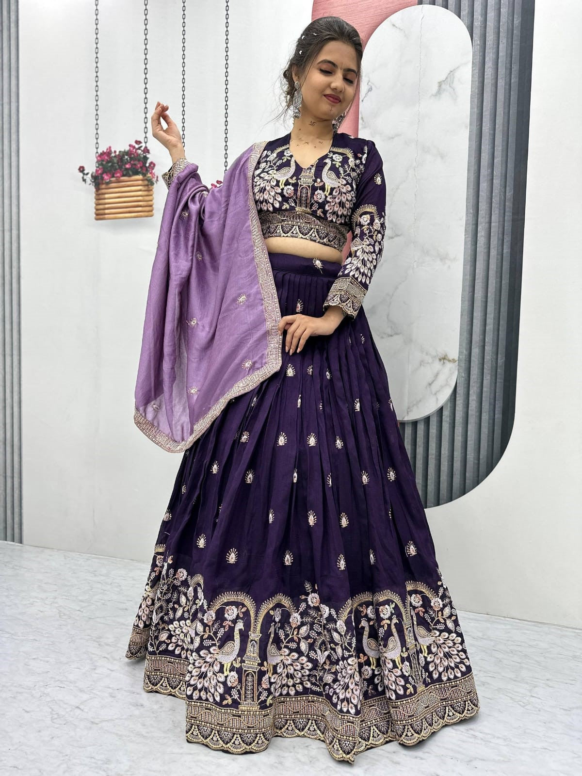 Attractive Purple Zari Work Silk Wedding Lehenga Choli