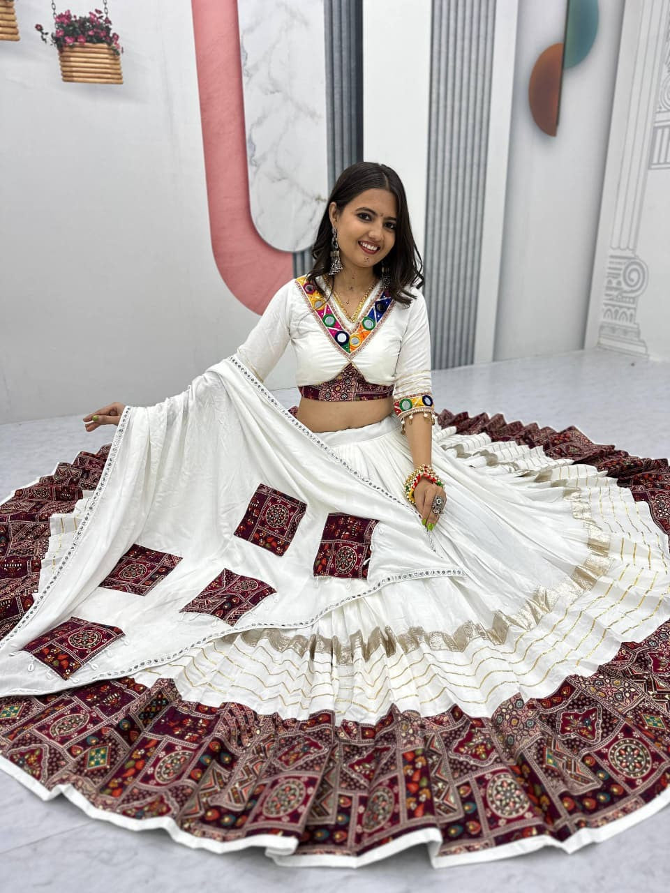 Impressive White Embroidered Cotton Navratri Lehenga Choli