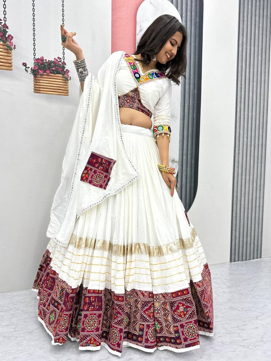 Impressive White Embroidered Cotton Navratri Lehenga Choli