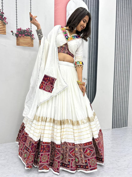 Impressive White Embroidered Cotton Navratri Lehenga Choli