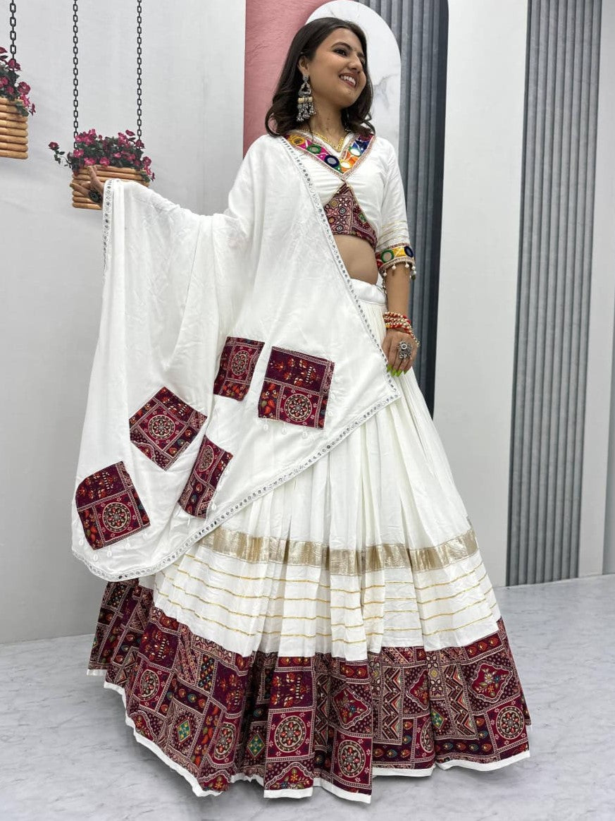 Impressive White Embroidered Cotton Navratri Lehenga Choli