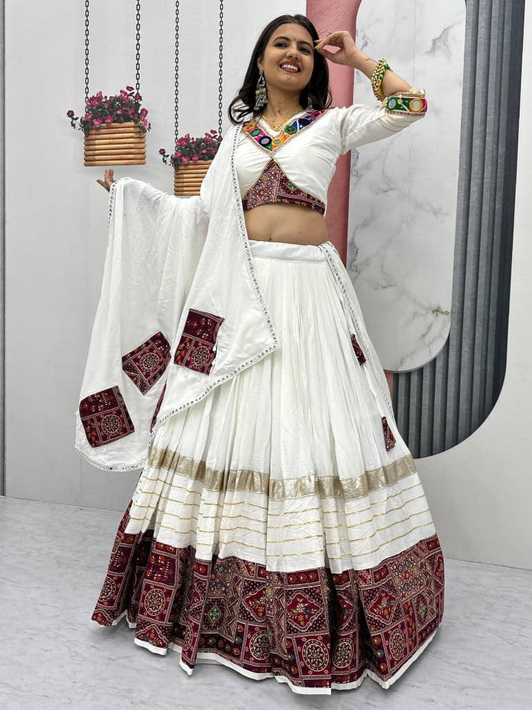 Impressive White Embroidered Cotton Navratri Lehenga Choli