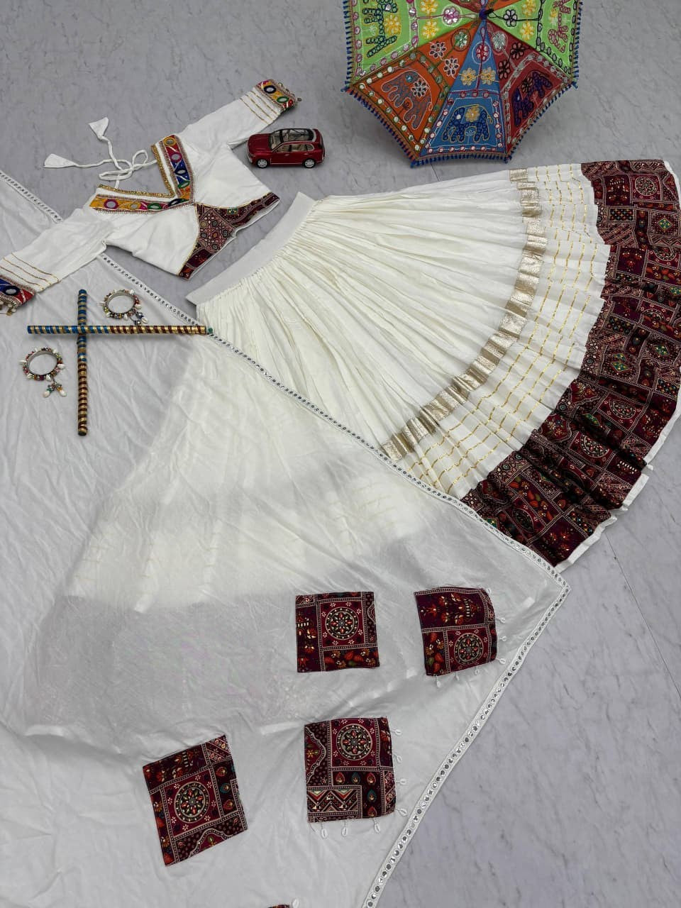 Impressive White Embroidered Cotton Navratri Lehenga Choli