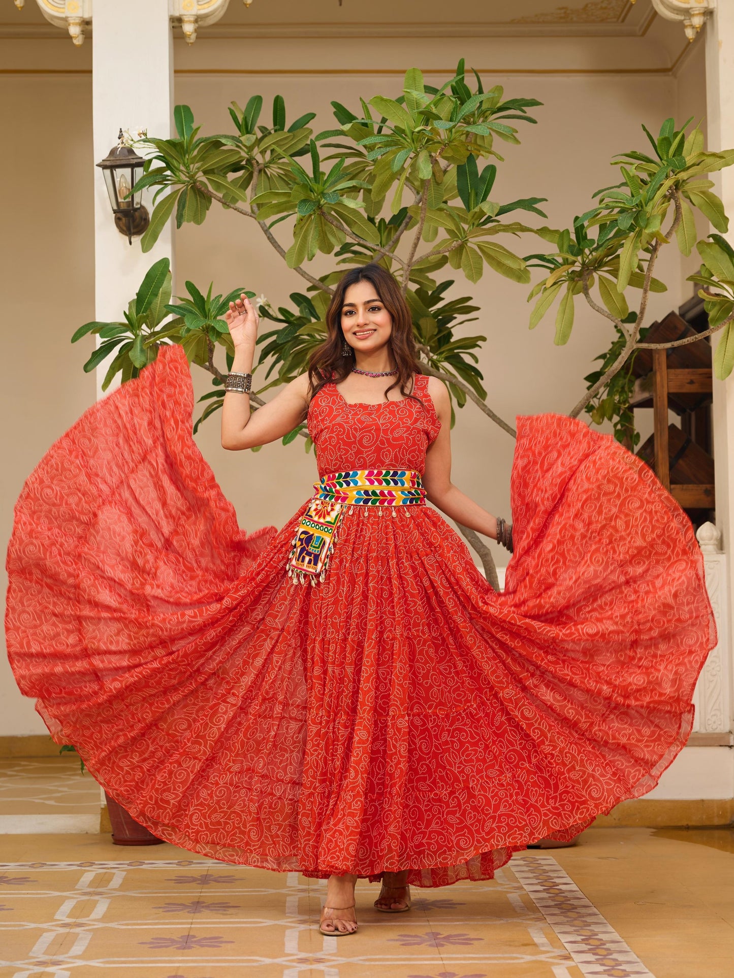 Spectacular Red Bandhani Printed Georgette Navratri Gown