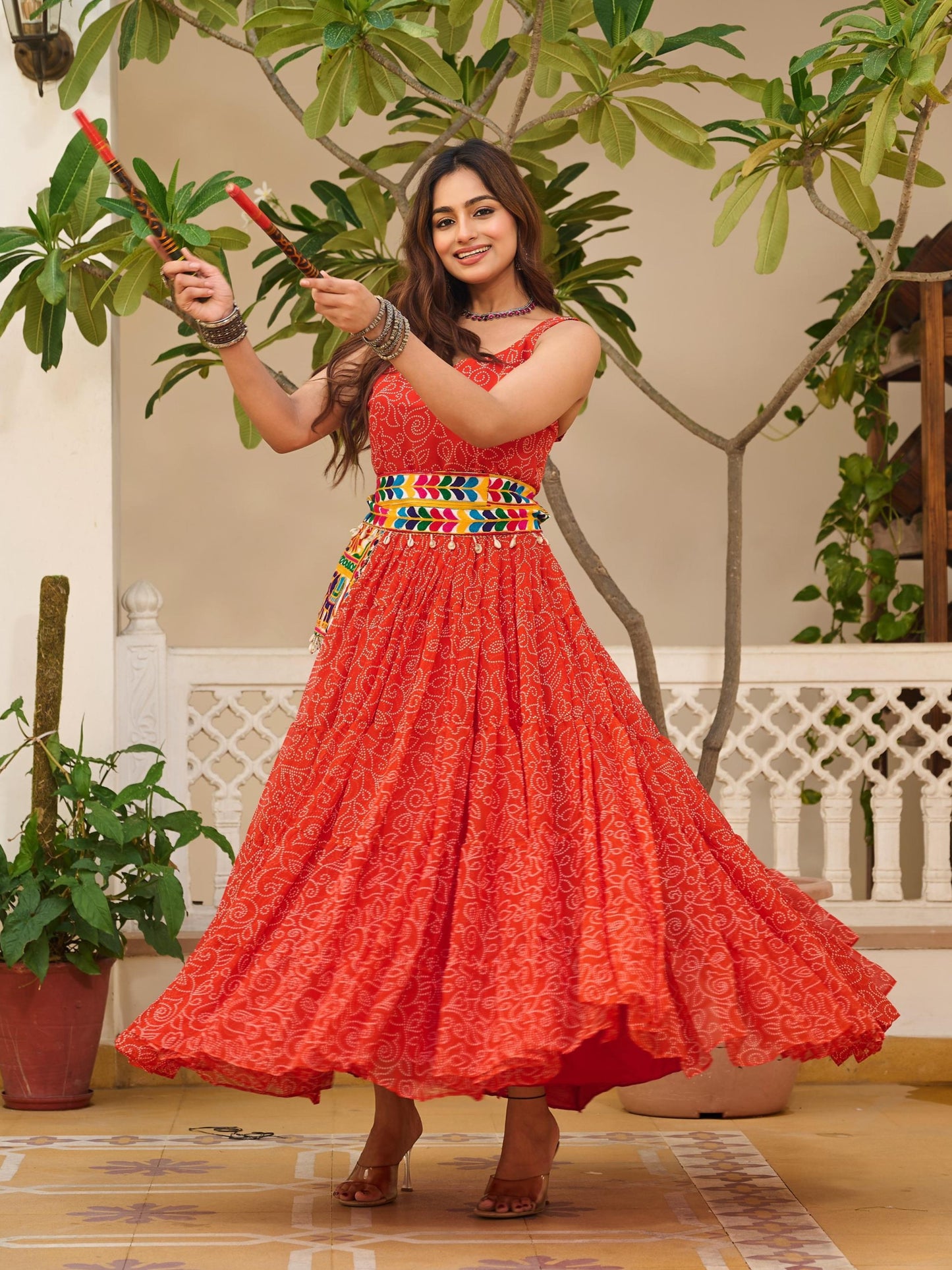 Spectacular Red Bandhani Printed Georgette Navratri Gown