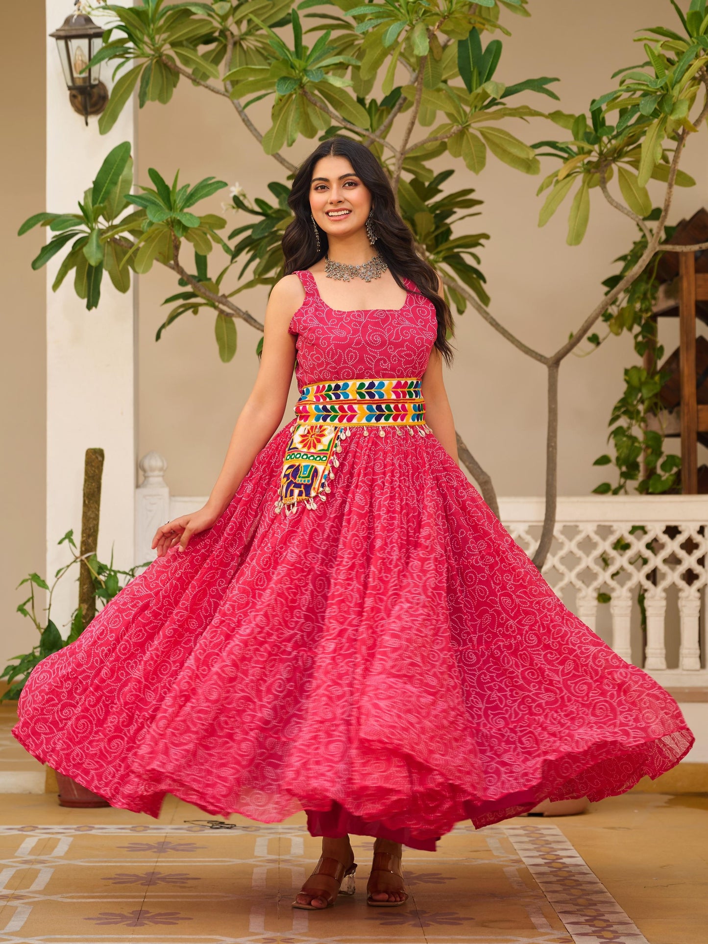 Impressive Pink Bandhani Printed Georgette Navratri Gown
