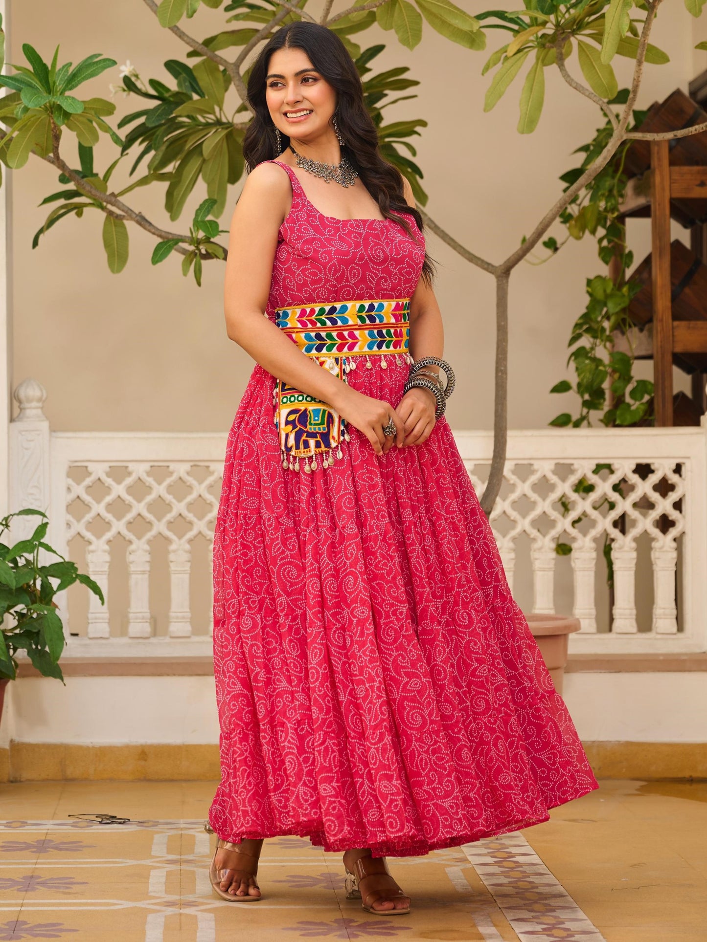 Impressive Pink Bandhani Printed Georgette Navratri Gown