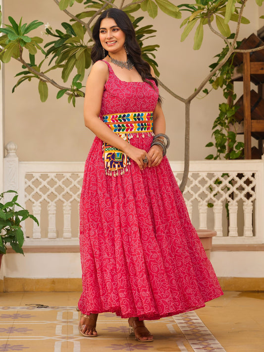 Impressive Pink Bandhani Printed Georgette Navratri Gown